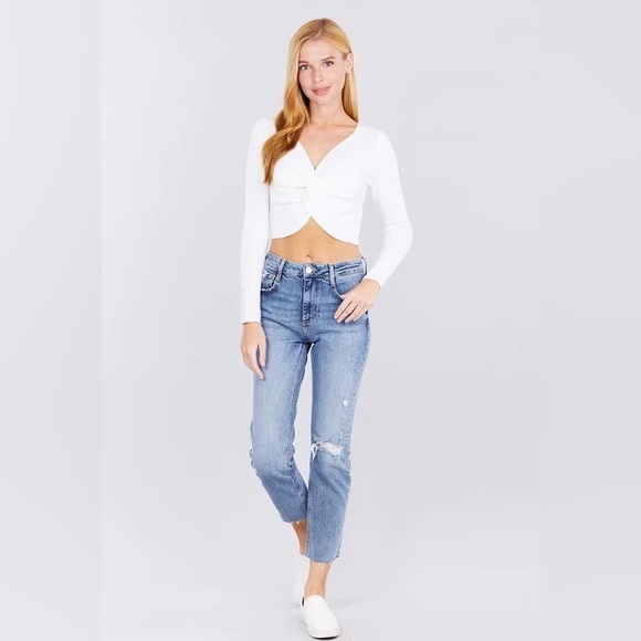 NWT Streetwear Society Women's Long Sleeve V-neck w/ Front Knott Crop Sweater - Picture 1 of 11